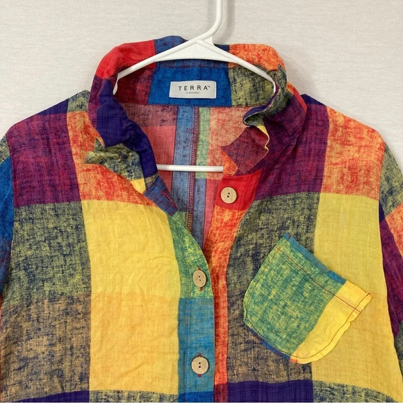 Terra Multi Color Plaid Cotton Blend Art to Wear Button Down Medium - Picture 2 of 11